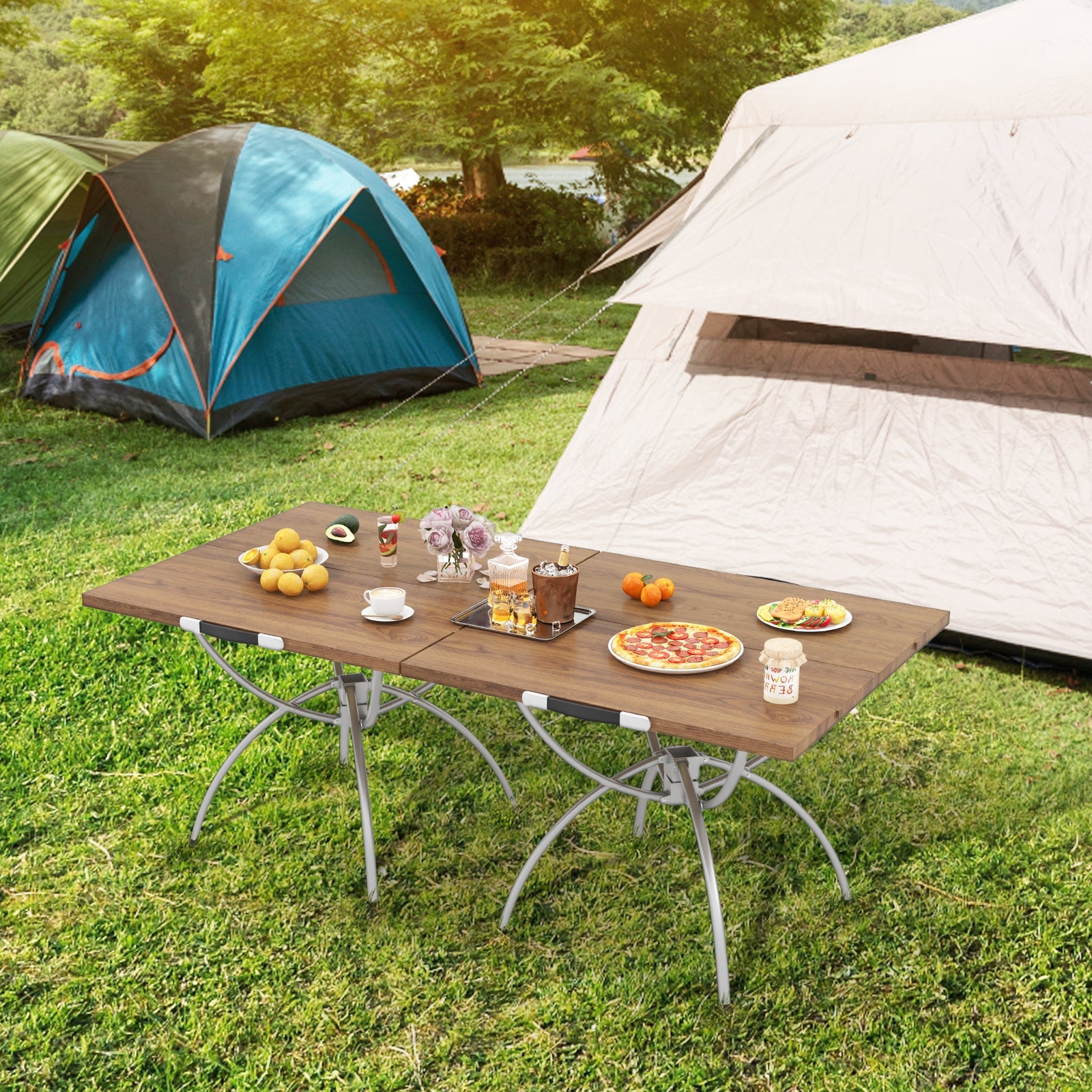 2 Pack Folding Camping Table with Wood-grain Tabletop