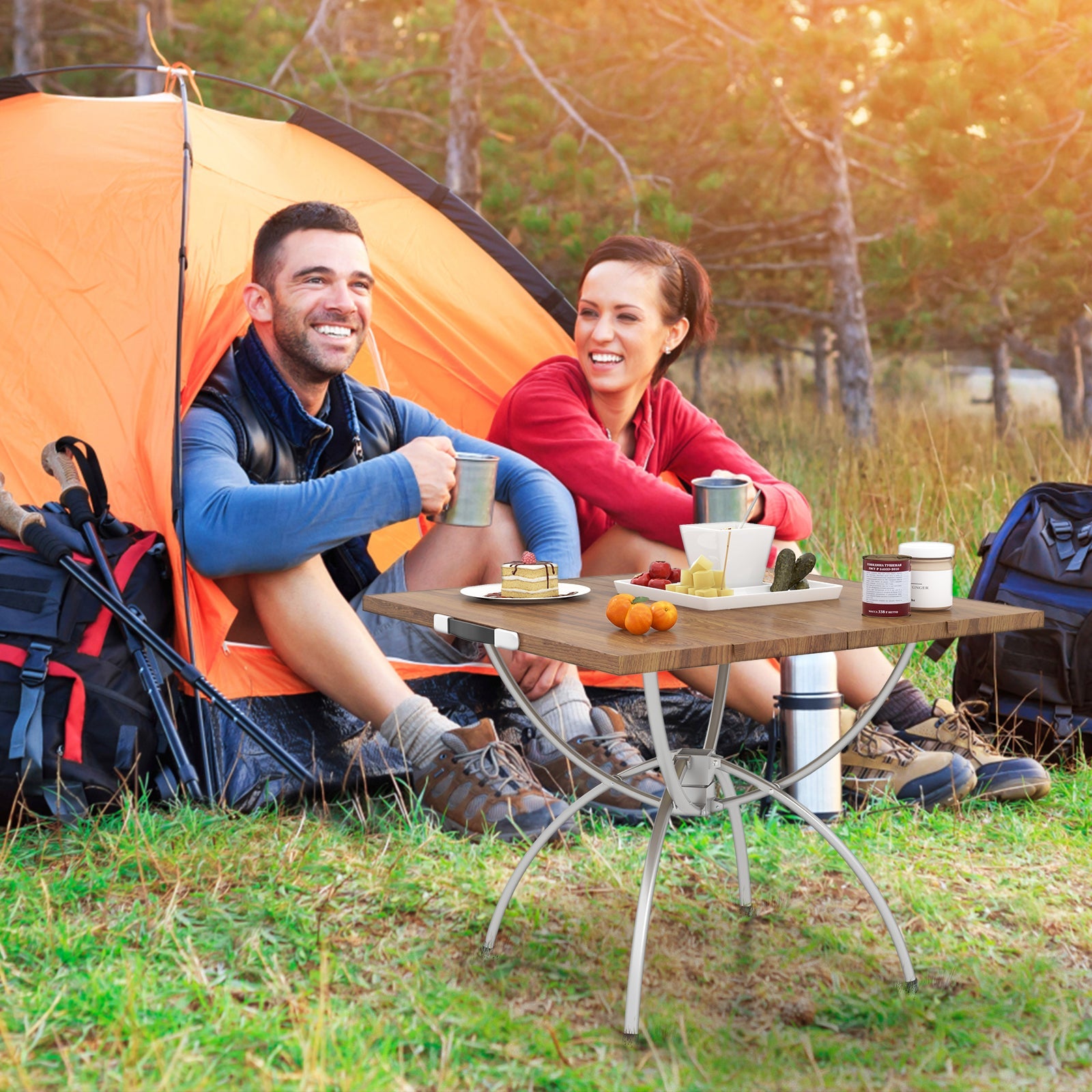 2 Pack Folding Camping Table with Wood-grain Tabletop