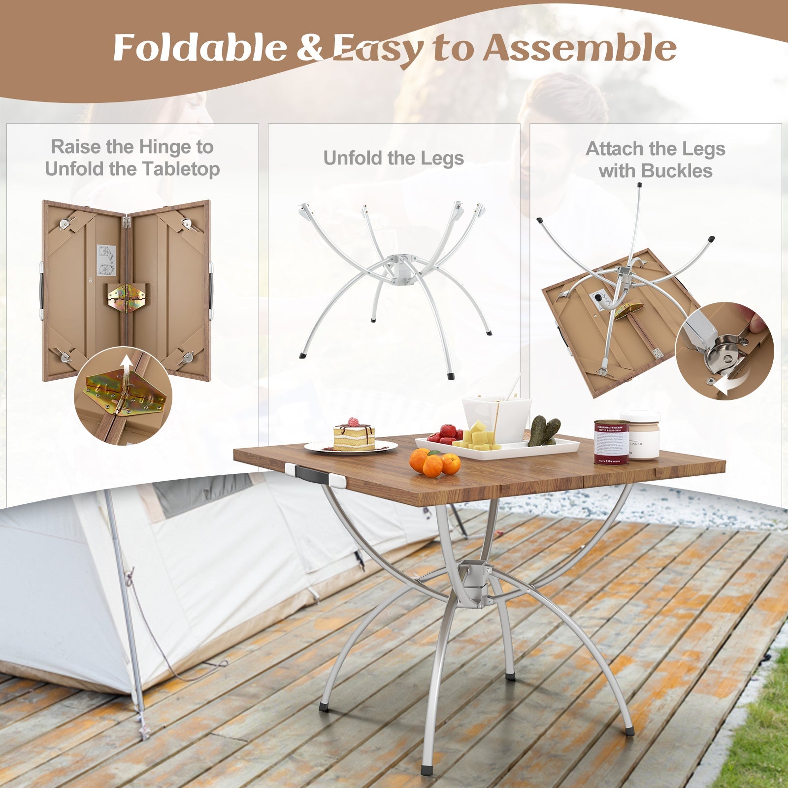 2 Pack Folding Camping Table with Wood-grain Tabletop