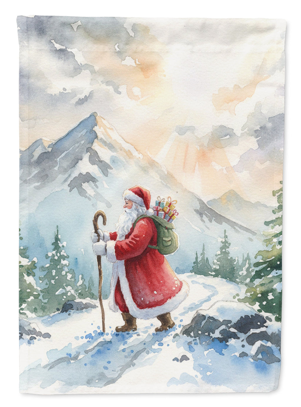 Santa Claus Hiking in the Mountains Christmas House Flag